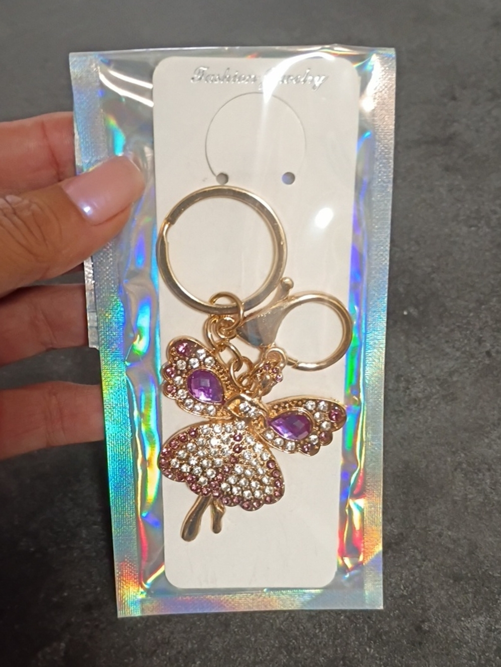 Fashion Jewelry Gold-tone Angel Keychain with Purple and Clear Crystals